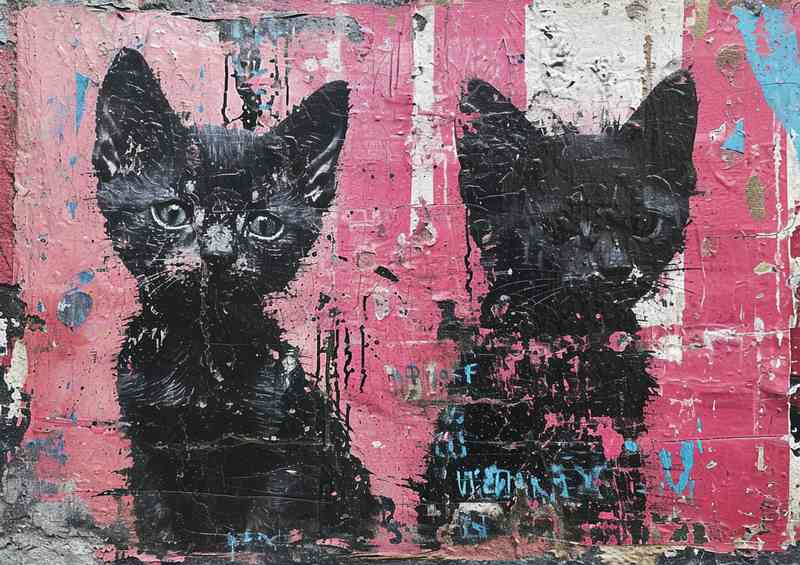 Two black cats with painted pink wall art | Metal Poster
