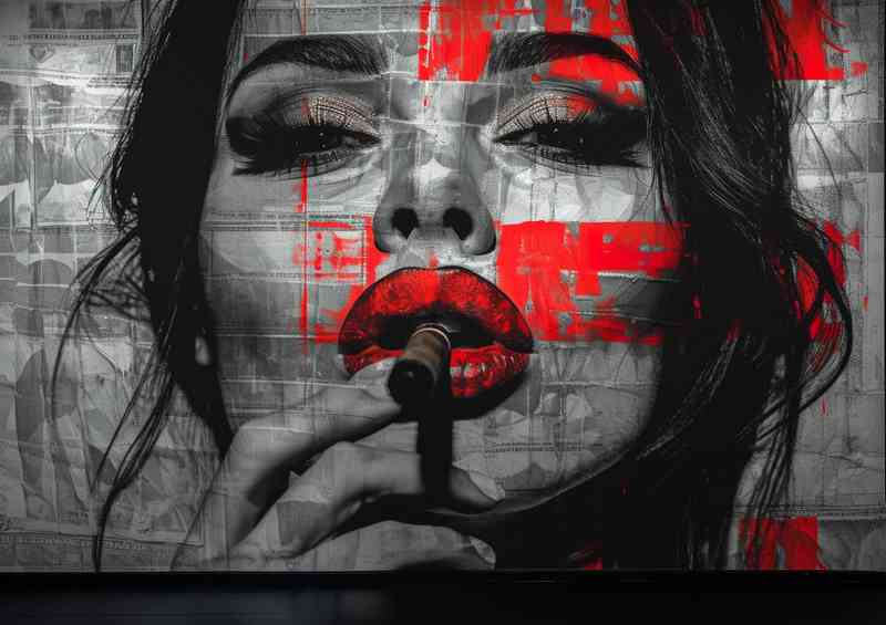 Woman with red lips and painted splashes | Metal Poster