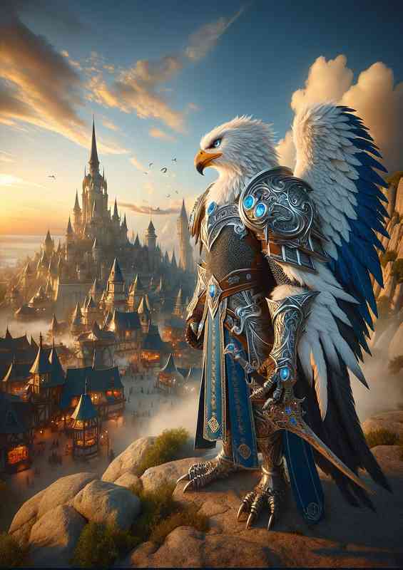 A majestic Eagle warrior stands on a rocky outcrop | Metal Poster