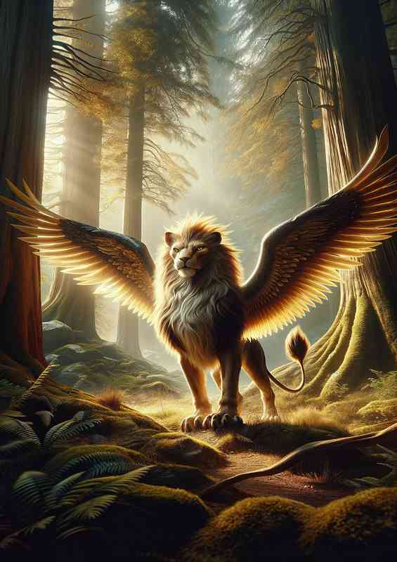 A majestic griffin standing in an ancient forest | Metal Poster