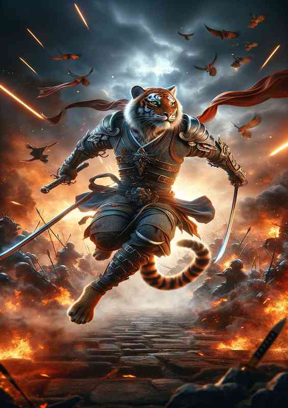 Animal in dynamic action Envision a powerful tiger in battle | Metal Poster