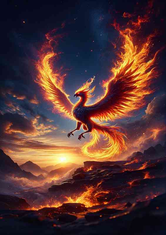 Anthropomorphic warrior animal majestic phoenix with flames | Metal Poster