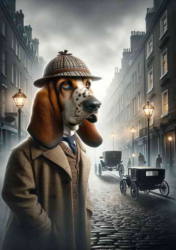 Basset hound detective standing in a misty London street | Metal Poster