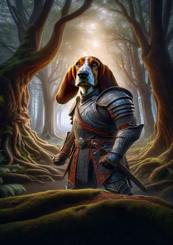Basset hound warrior standing with valor | Metal Poster