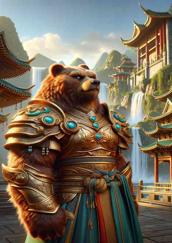 Bear warrior exuding a commanding presence in a serene mountain temple | Metal Poster