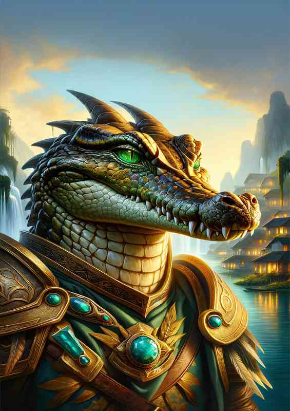 Crocodile warrior focusing golden armor | Metal Poster