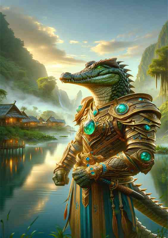 Crocodile warrior standing valiantly in a mystical village | Metal Poster