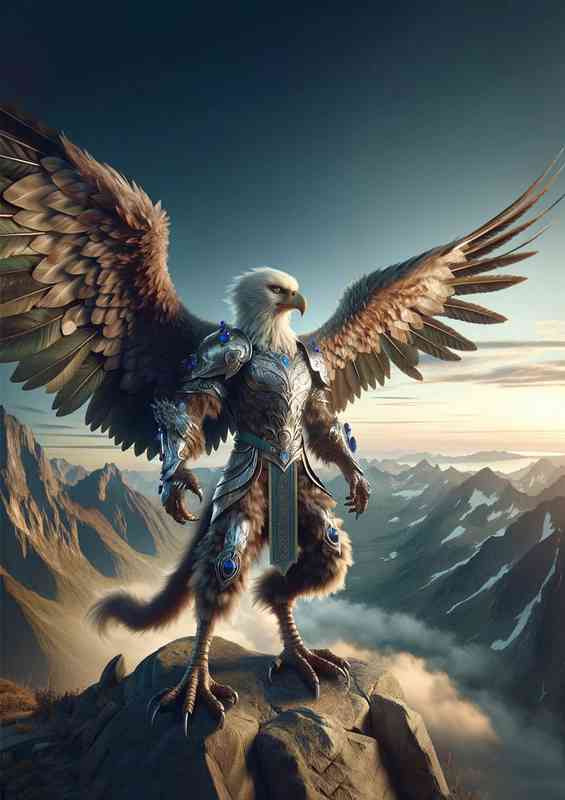 Eagle warrior on a mountain in shimmering silver armor | Metal Poster