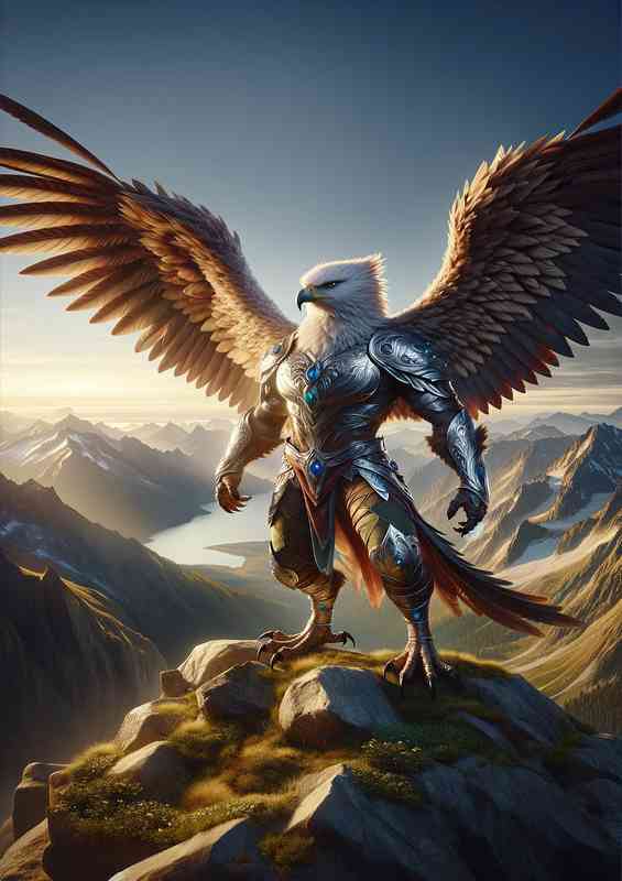 Eagle warrior standing vigilant on a mountain peak | Metal Poster