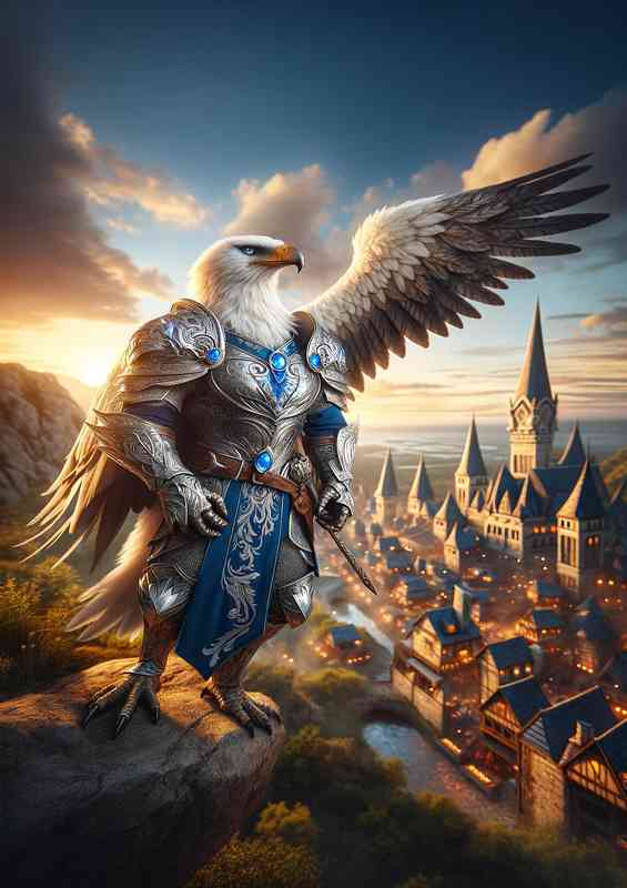 Eagle warrior stands overlooking a medieval fantasy | Metal Poster