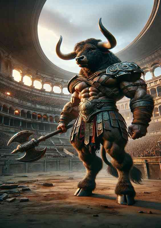 Envision a formidable Minotaur a creature with the body amour | Metal Poster