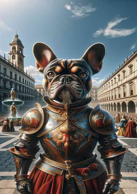 French bulldog warrior in a city square | Metal Poster