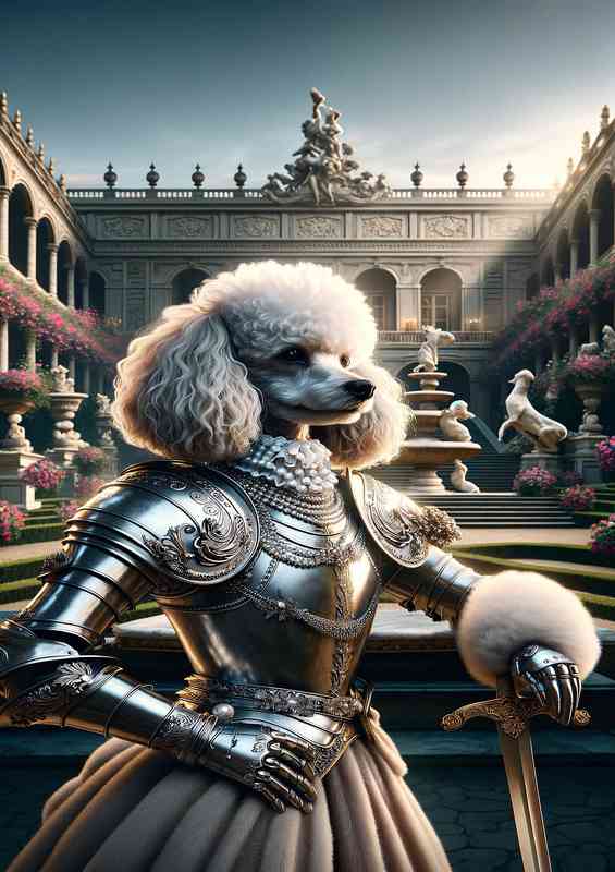 French poodle warrior elegantly poised in a lavish palace garden | Metal Poster