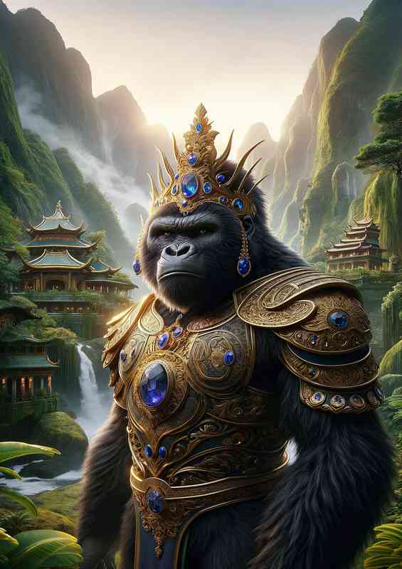 Gorilla king standing with majesty in a lush mountain sanctuary | Metal Poster