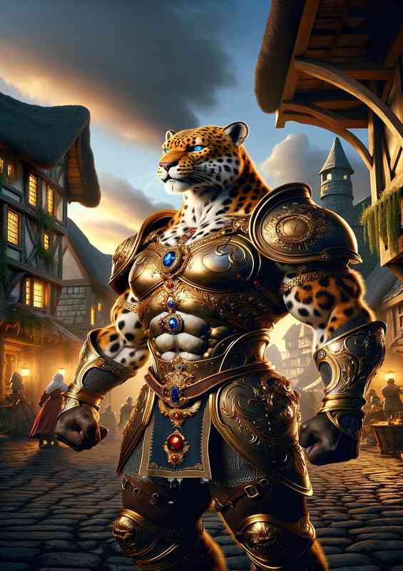 Leopard knight stands a medieval fantasy village | Metal Poster