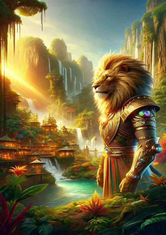 Lion king standing with authority in a vibrant jungle | Metal Poster