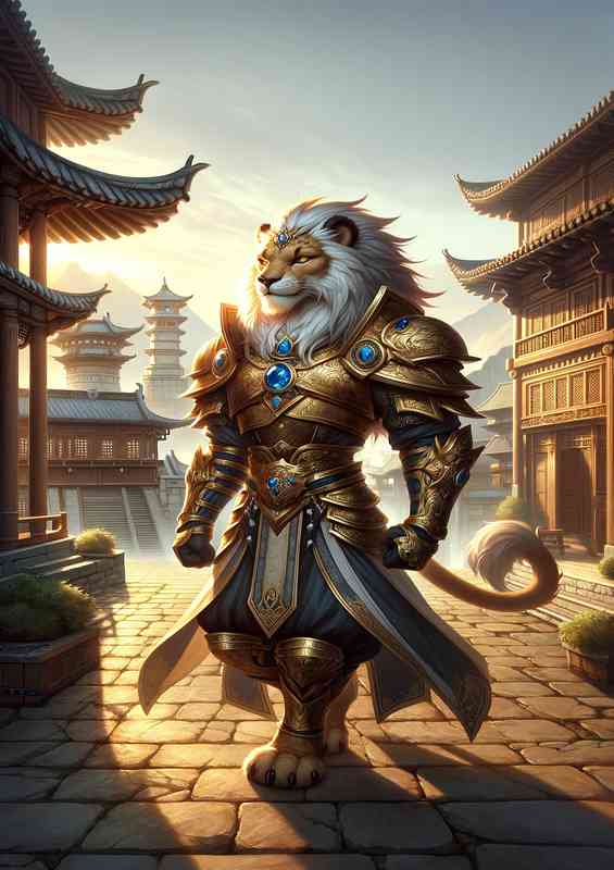 Lion warrior standing regally in an ancient Eastern city | Metal Poster