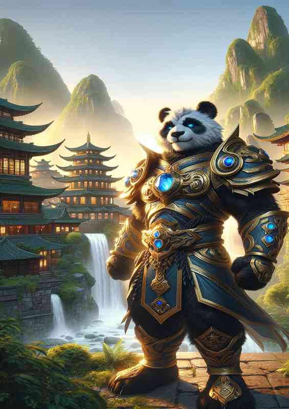 Panda warrior heroically in an ancient village | Metal Poster