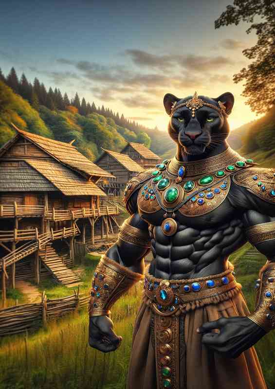 Panther warrior stands in front of an ancient wooden village | Metal Poster