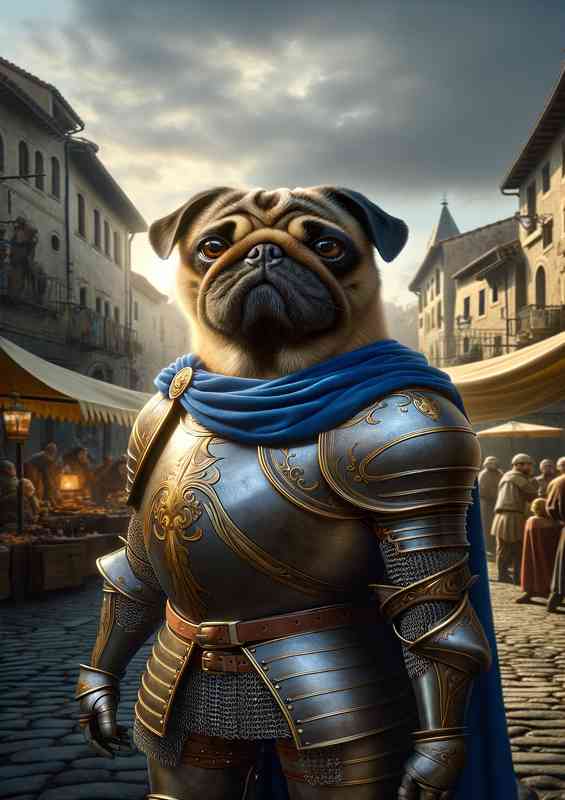 Pug dog proudly in a medieval town square | Metal Poster