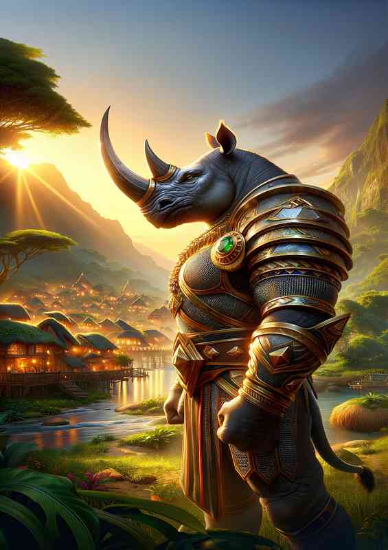 Rhinoceros warrior powerfully in a lush vibrant village at dusk | Metal Poster