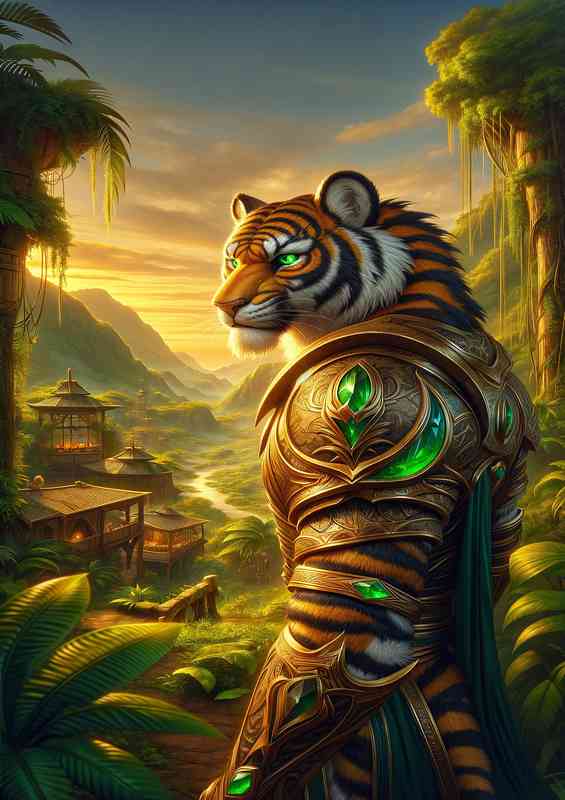 Tiger warrior poised nobly in a verdant jungle village | Metal Poster