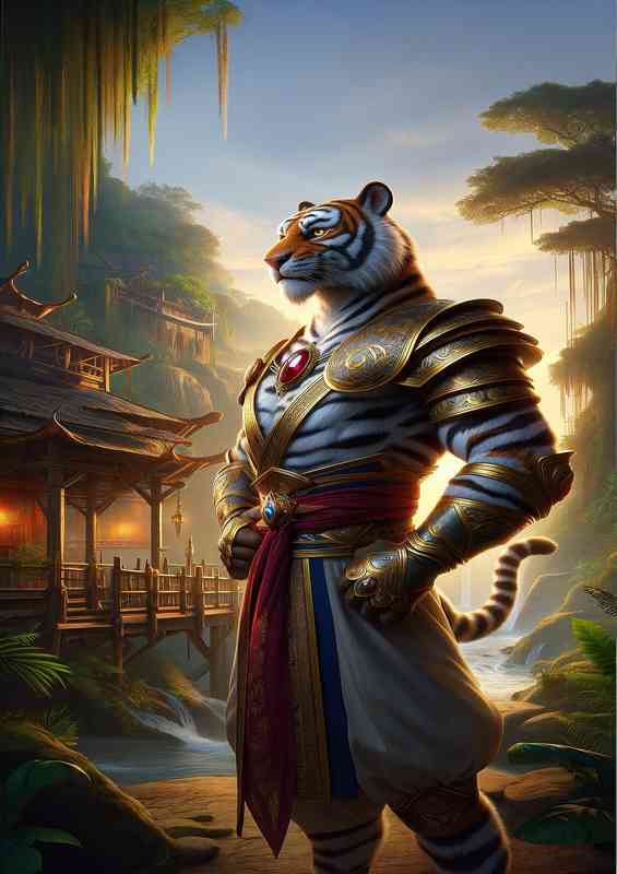 Tiger warrior standing pose in an exotic jungle village | Metal Poster