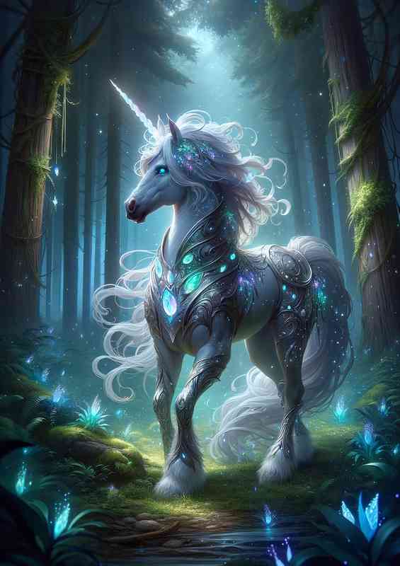 Unicorn warrior standing in a mystical forest glade | Metal Poster