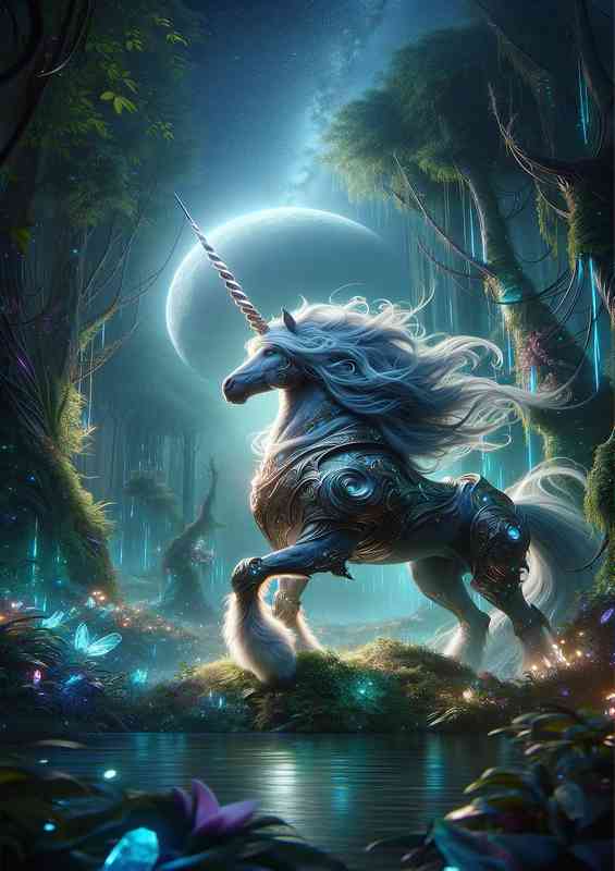 Warrior animal The scene features a majestic unicorn with a shimmer | Metal Poster