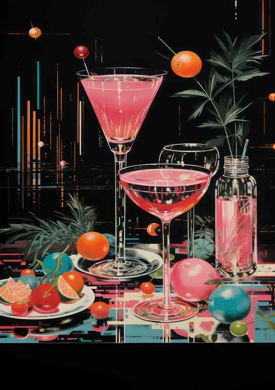 Cocktail hour pink martini retro style | Metal Poster