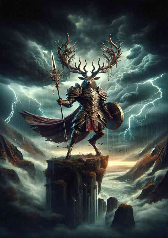 Warrior animal in an intense action scene a majestic stag | Metal Poster