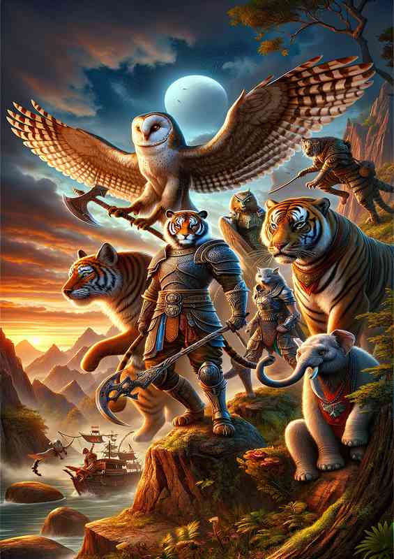 Warrior animals in a fantastic composition the owl and tiger | Metal Poster