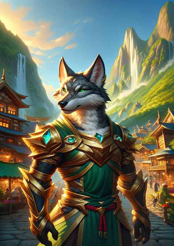 Wolf warrior standing confidently in a mountain village | Metal Poster