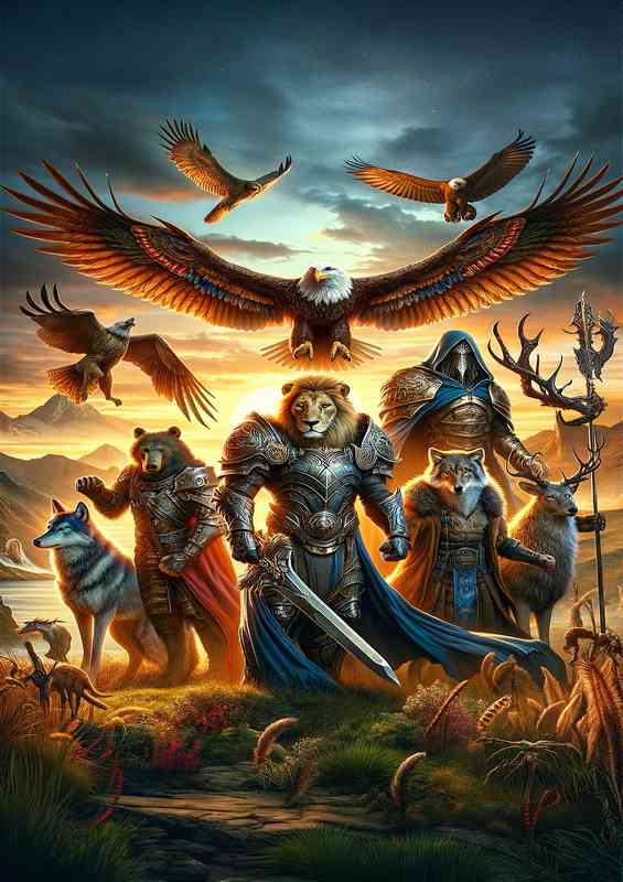 warrior animals in a fantastic composition the bear and the Lion | Metal Poster