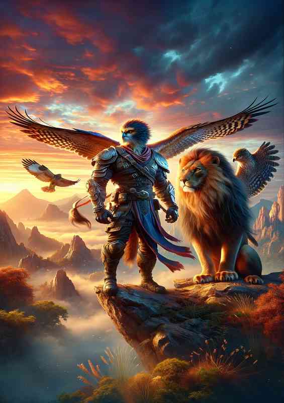 warrior animals lion eagle in a fantastic composition | Metal Poster