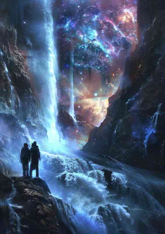 Fallen galaxy with two men standing | Metal Poster