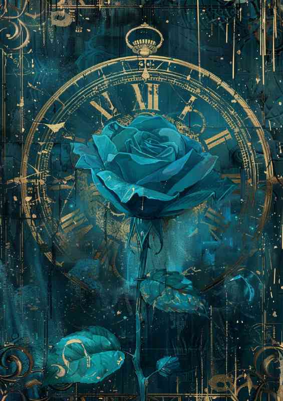 The big clock and blue rose flower | Metal Poster