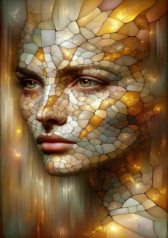 Entire face of a woman fragmented like a mosaic with golden veins | Metal Poster