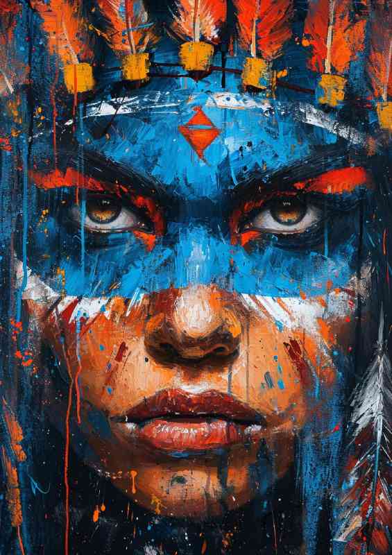 Painting of a Indian face with blue paint | Metal Poster