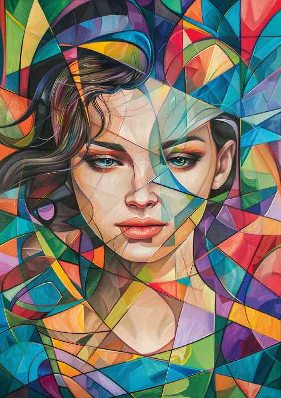 Woman is surrounded by colorful geometric paterns | Metal Poster