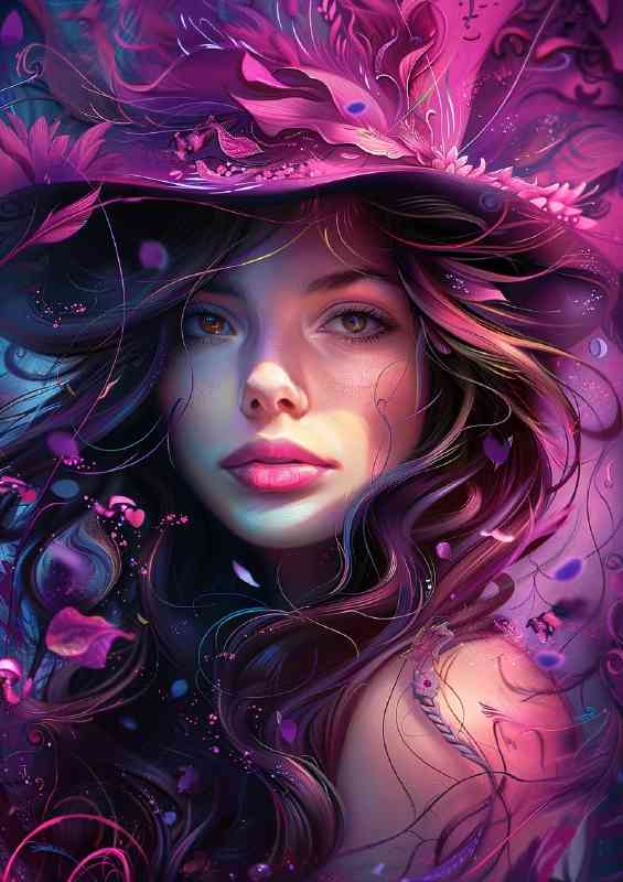 Woman with flowing hair made of petals and hat | Metal Poster