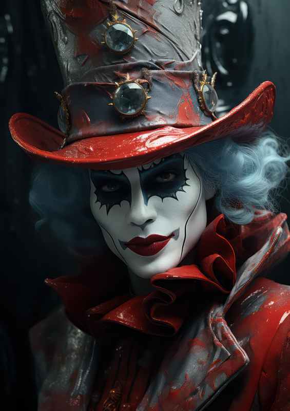 A clown in red makeup and a top hat looking | Metal Poster