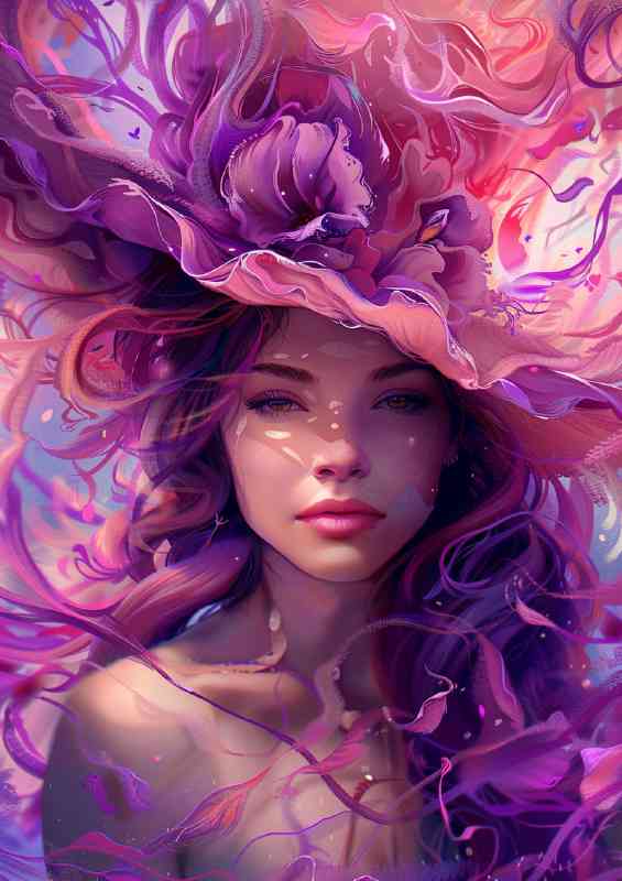 Beautiful flowing hair made of petals and purple hat | Metal Poster