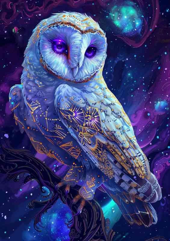 A beautiful white owl with iridescent purple and blue | Metal Poster