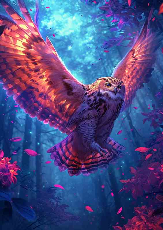 Beautiful colorful illustration of an owl flying | Metal Poster