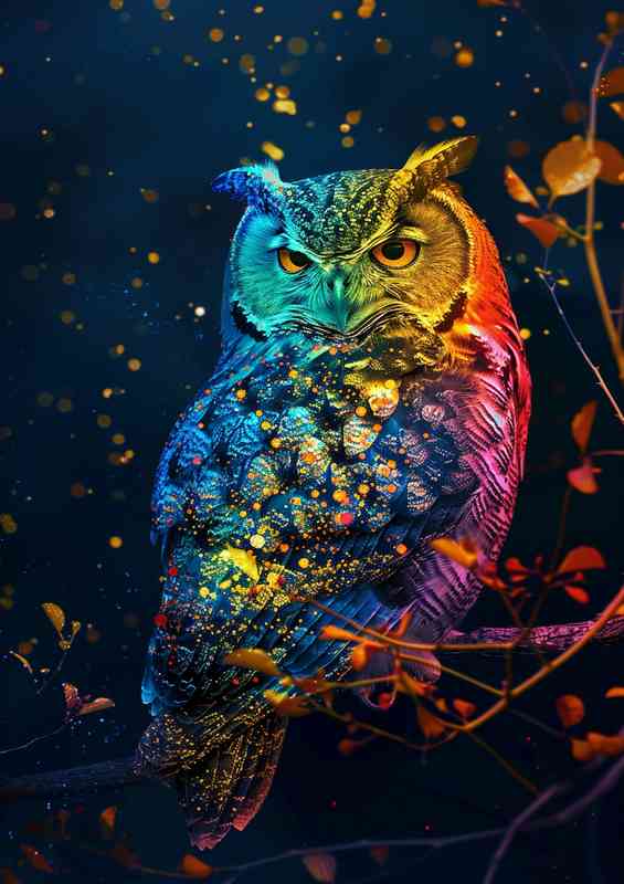 Colorful rainbow Owl at night | Metal Poster