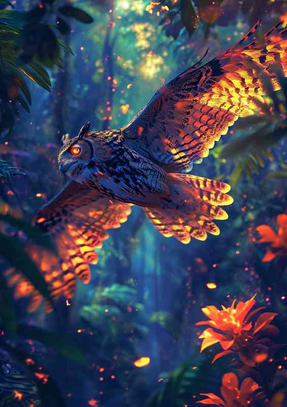 Colourful Owl in flight | Metal Poster