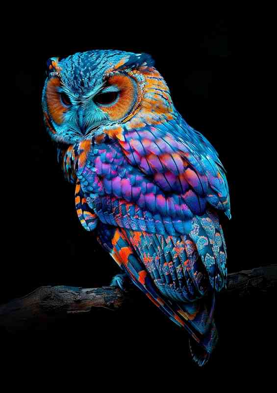 Colourful blue and pruple Owl pearched | Metal Poster