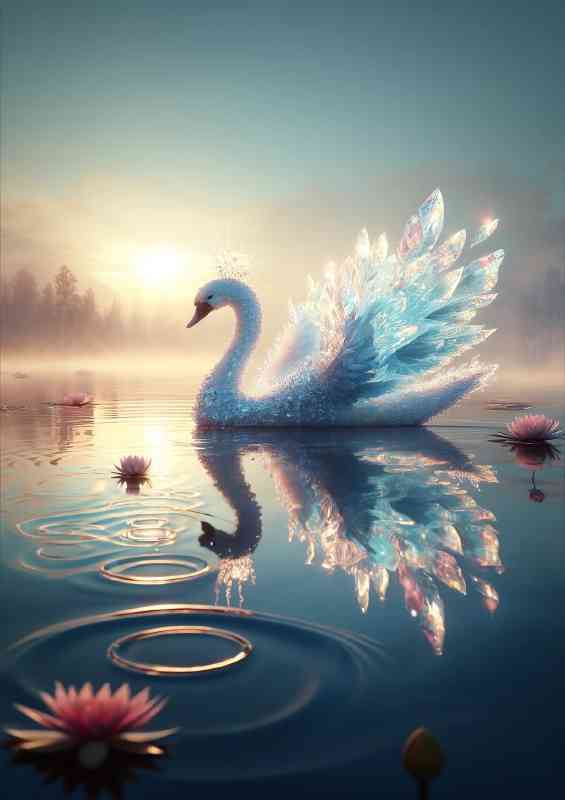 Ethereal Swan shimmering crystals floating on a misty lake | Metal Poster