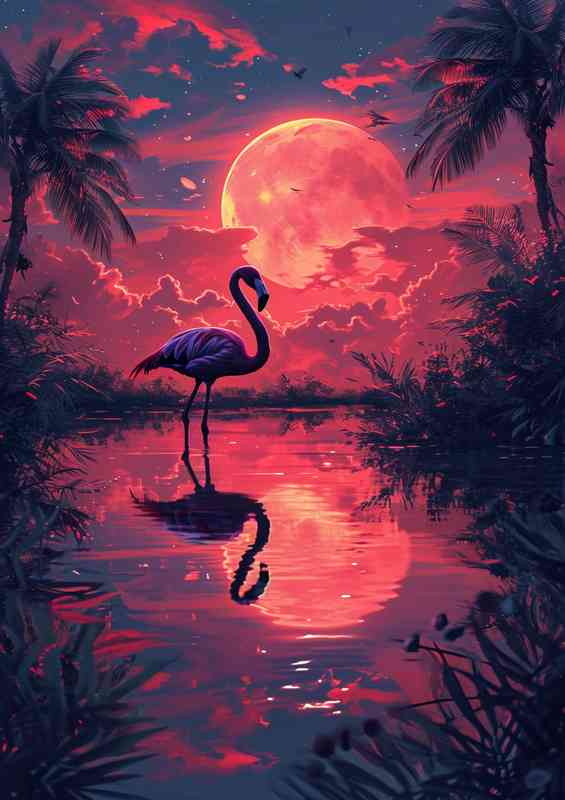 Flamingo at night in the lake | Metal Poster